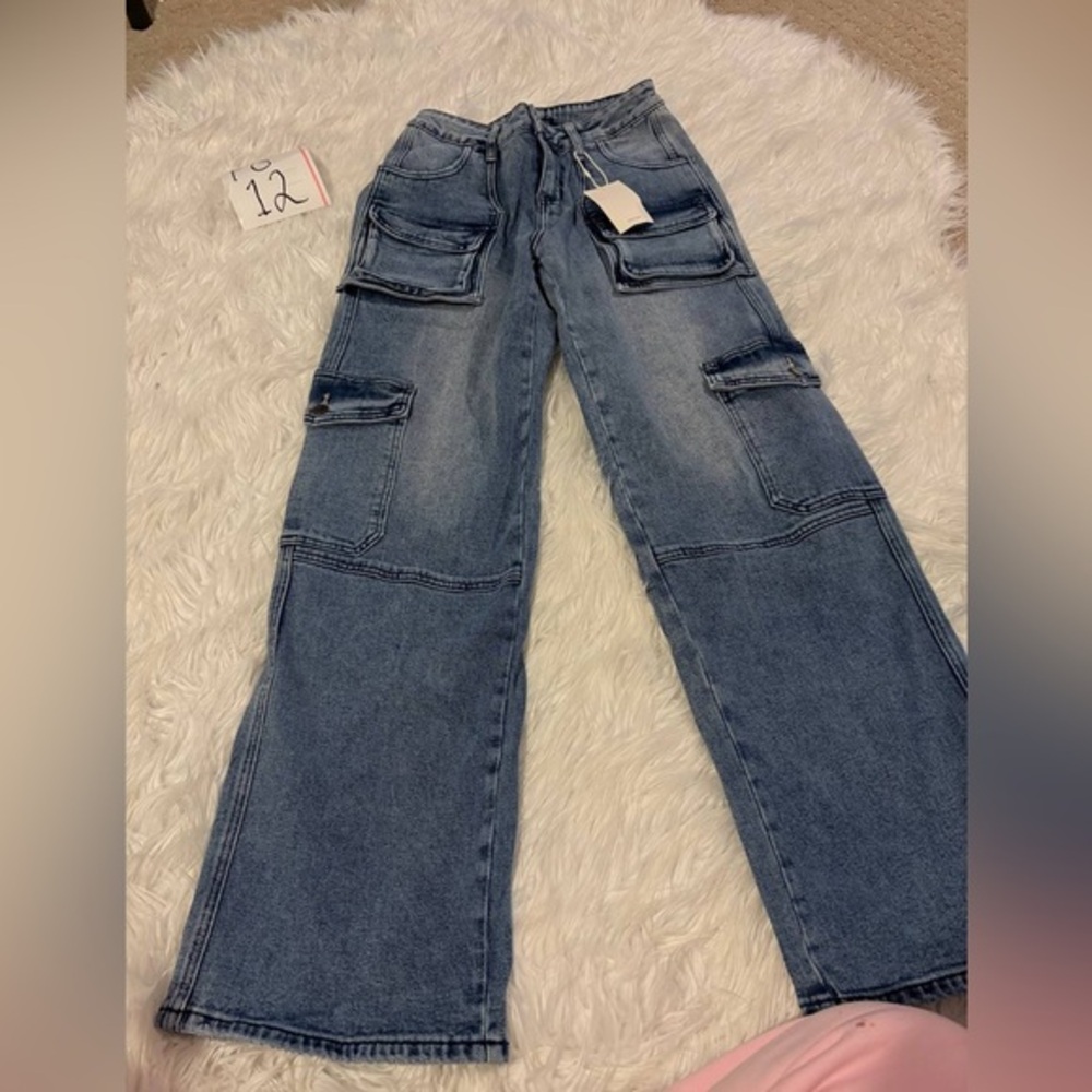 Flamingals cargo pocket wide leg stretchy jeans size S FG1-1
